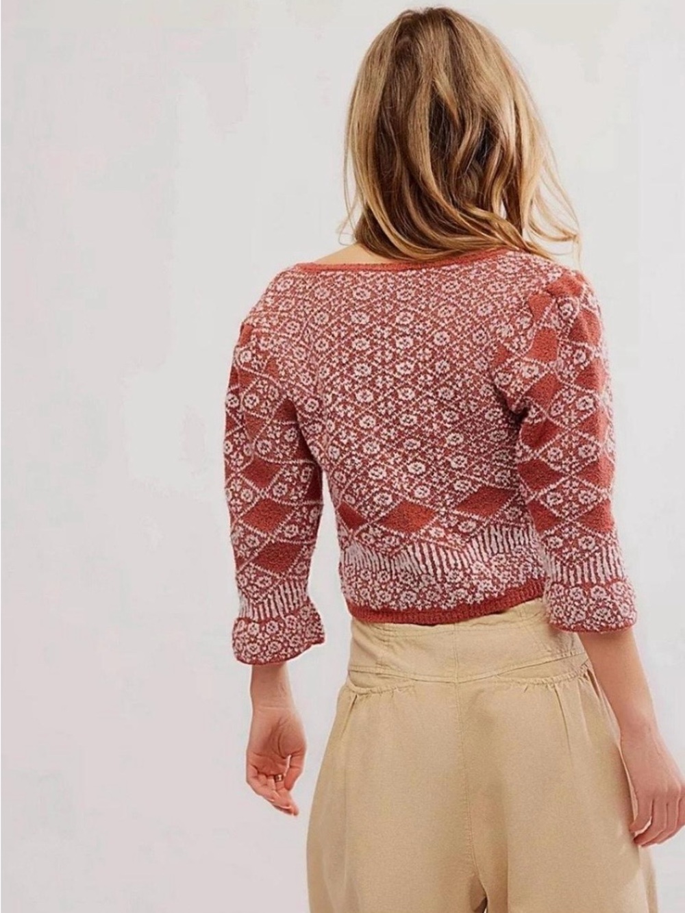 Free People Rust Patterned V-Neck Knit Cardigan Size Small - Picture 2 of 6